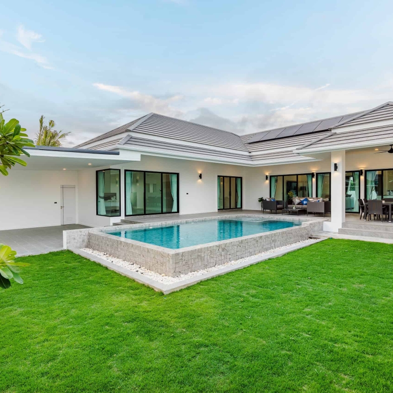 Beautiful covered terrace overlooking tropical garden views