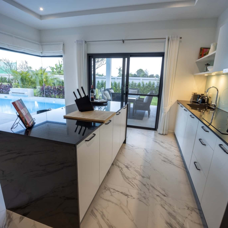 Stylish villa kitchen island for entertaining guests