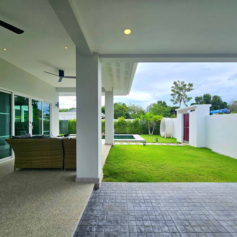 Outdoor terrace seating area view